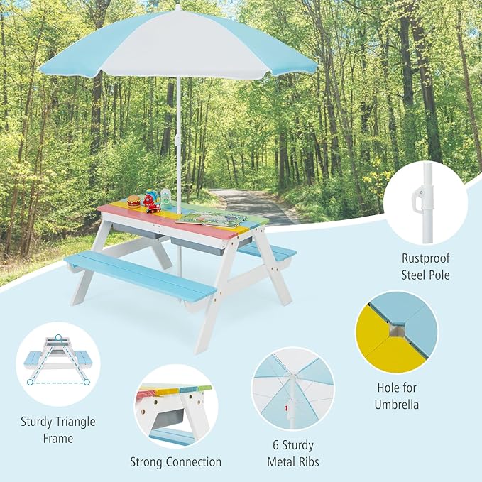 HONEY JOY Kids Picnic Table, 4 in 1 Cedar Wooden Sand & Water Table w/ 2 Removable Box & Umbrella, Kids Picnic Tables for Outdoors Backyard Garden, Toddler Patio Furniture Set for Boys Girls(Blue)