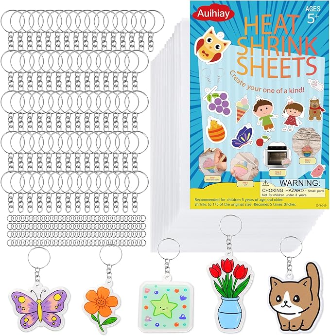 Auihiay 325PCS Shrink Plastic Sheets Kit - 25PCS Shrink Sheets + 100 Keychains and 200 Open Iron Ring, DIY Shrinky Paper Art Supplies for Jewelry, Keychain Making, DIY Mother's Day Crafts Gifts