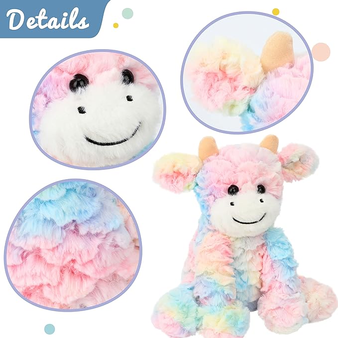 Hopearl Adorable Plush Cow Toy Colorful Floppy Dairy Cattle Soft Stuffed Animal Cute Birthday Gifts for Boys Girls Kids Toddlers, Rainbow, 9''