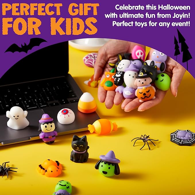 JOYIN 48 Pcs Halloween Mochi Squishy Toys Bulk, Halloween Toys for Halloween Party Favors Decoration, Trick or Treats Sensory Stress Relief Toy, Classroom Prizes Goodie Bag Filler Kids Gift