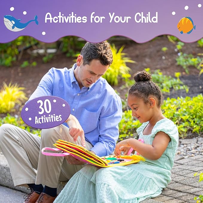 Busy Board Book Bag for Kids | Interactive Learning Activities for Ages 2-7 | Mermaid-Themed Skill-Building Kit | Hair Braiding, Tying Shoes, Math, and Alphabet Puzzles, Felt Bag
