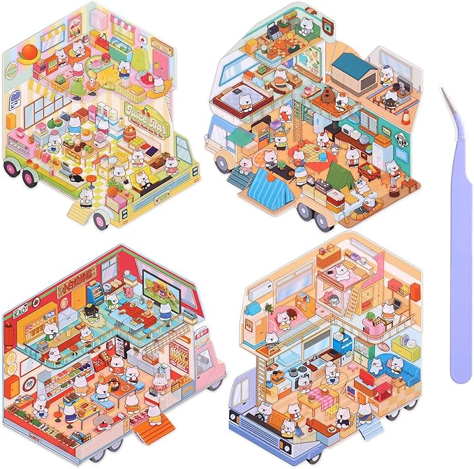 Girls 3D Miniature Scene Stickers,4 Sets Mobile Home DIY House Stickers for Cooking Car,Barbecue Car,VC Energy Car,Camping Car,Cute 3D Cartoon Scene Stickers for Adult Kids Relief Stress Pass The Time