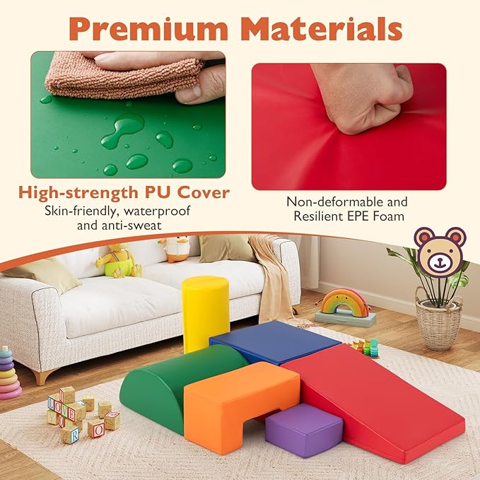 Costzon Toddler Climbing Toys, 6 Pieces Climb and Crawl Playset with PU Cover for Baby Crawling, Climbing & Walking, Indoor Foam Climbing Blocks for Toddlers (Rainbow)