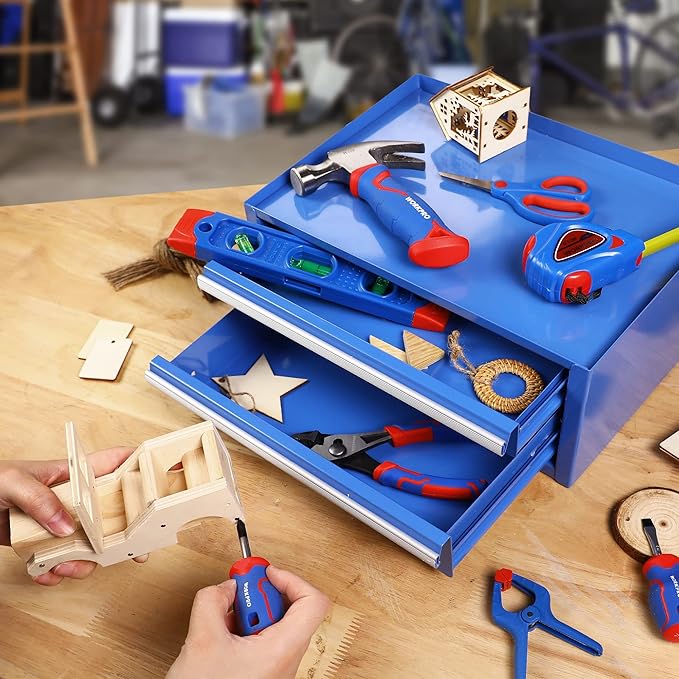 WORKPRO Kids Real Tool Set with 12 Inch Steel Tool Chest with Wheels, 10PCS Boys First Tool Set with 2 Drawers Blue Metal Rolling Tool Chest, Kids Woodworking Tools for DIY, Home Repair
