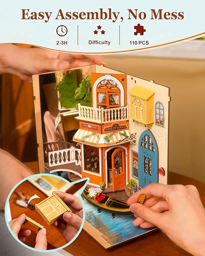 Rolife DIY Book Nook Kits for Adults 3D Wooden Puzzle-Bookshelf Insert Booknook-Miniature Kit-Gifts for Boys Girls (Romantic Venice)