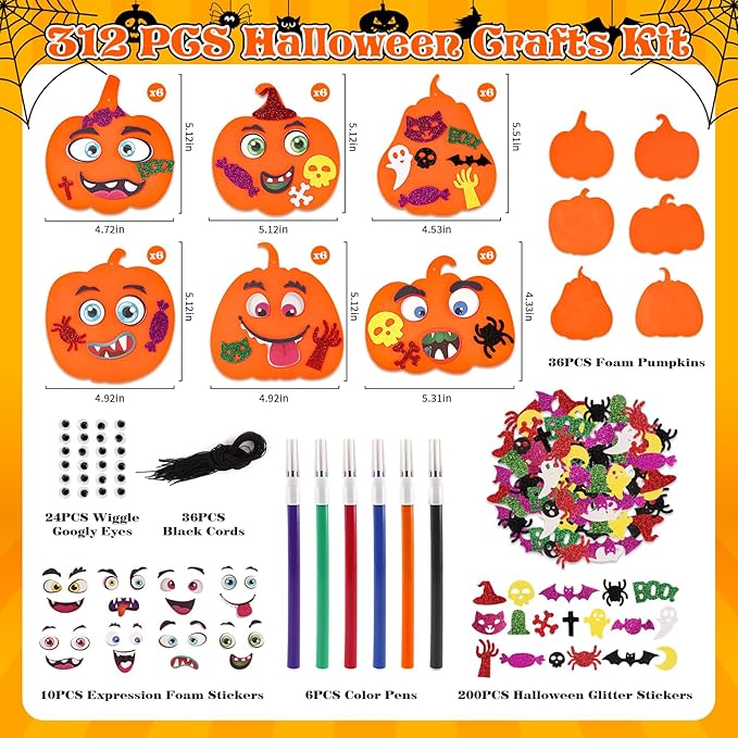 OCHIDO 312 PCS Halloween Crafts for Kids, DIY Foam Pumpkins for Craft Bulk, Halloween Arts and Crafts for Party Favors Supplies, Halloween's Decorations, Classroom Craft Activities