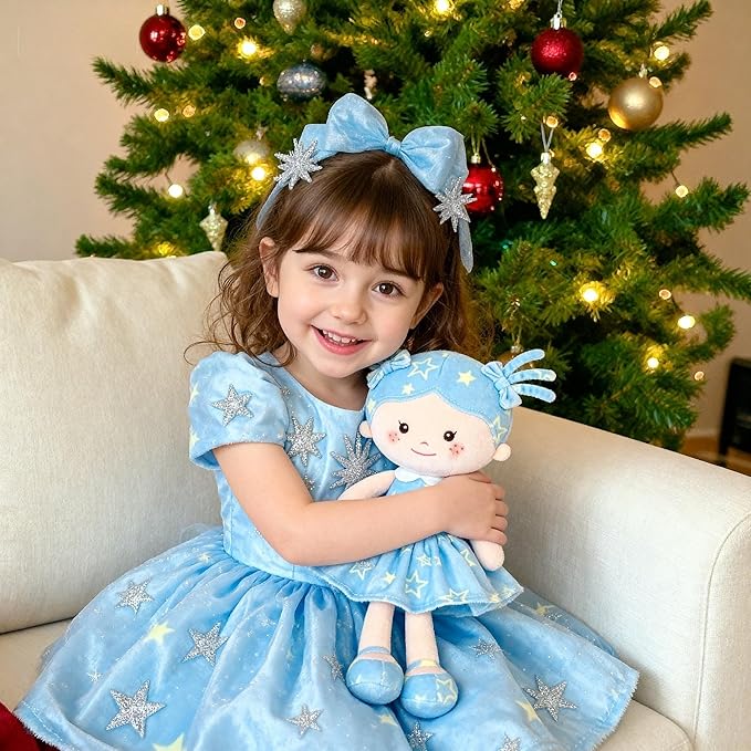 Onetoo First Baby Doll Plush Rag Doll Baby Girls Dolls Soft Baby Doll for Girls Wear Star Blue Sleeveless Dress 14"