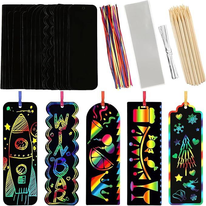 PEASUG Scratch Art, 40 Sets 5 Styles Scratch Art for Kids, Rainbow Scratch Paper Art Sets, Magic Black Scratch Off Paper Eid Bookmarks Gifts for Kids, DIY Art Craft Party Favors Easter Crafts