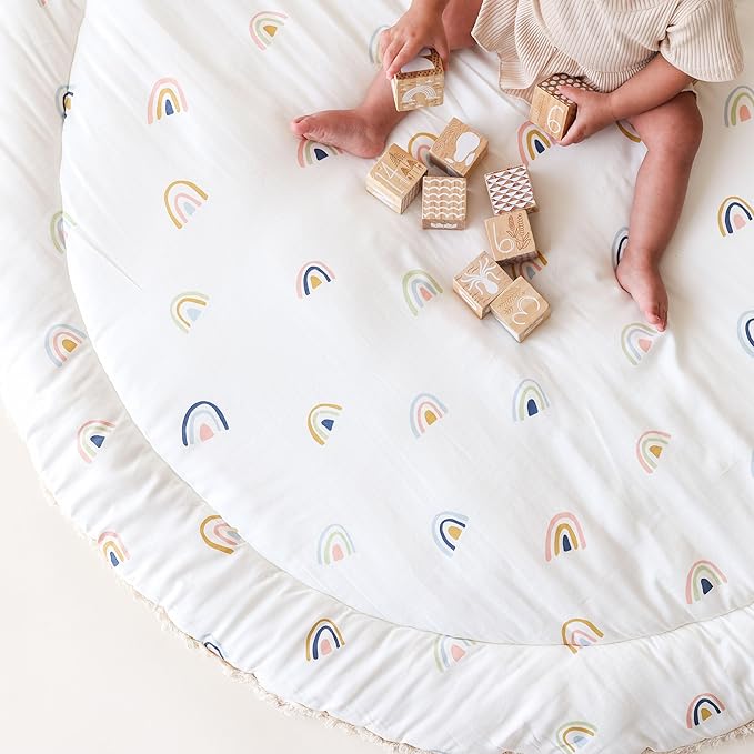 MakeMake Organics Organic Play Mat GOTS Certified Organic Cotton Nursery Floor Rug Washable Reversible Non Toxic Activity Mat Tummy Time Crawling Pad Thick Quilted (Round 48", Rainbow, White)
