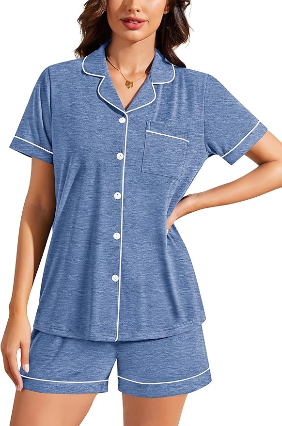 SWOMOG Womens Button Down Pajamas Set Short Sleeve Sleepwear Bride Soft Pj Lounge Sets XS-3XL