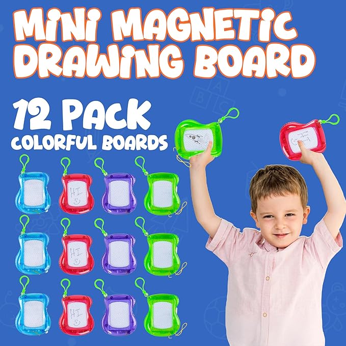Bedwina Mini Magnetic Drawing Board for Kids - (Pack of 12) Backpack Keychain Clip Drawing Boards, Erasable Doodle Sketch Writing Pad Boys & Girls, Birthday Kids Party Favors