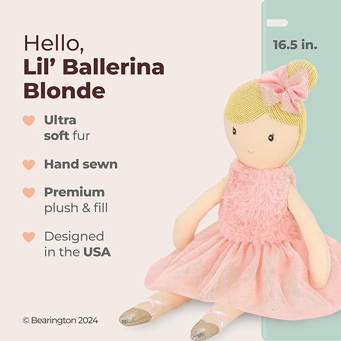 Bearington Collection Plush Ballerina Doll Soft Ballet Stuffed Animals - Dance Recital Gifts for Girls - Blondie 16.5"