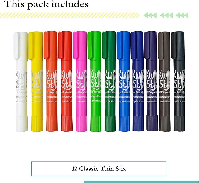 Kwik Stix Solid Tempera Paints, Thin Stix Paint Pens, Super Quick Drying, 12 Classic Colors for Children - 12 Pack - TPG-608