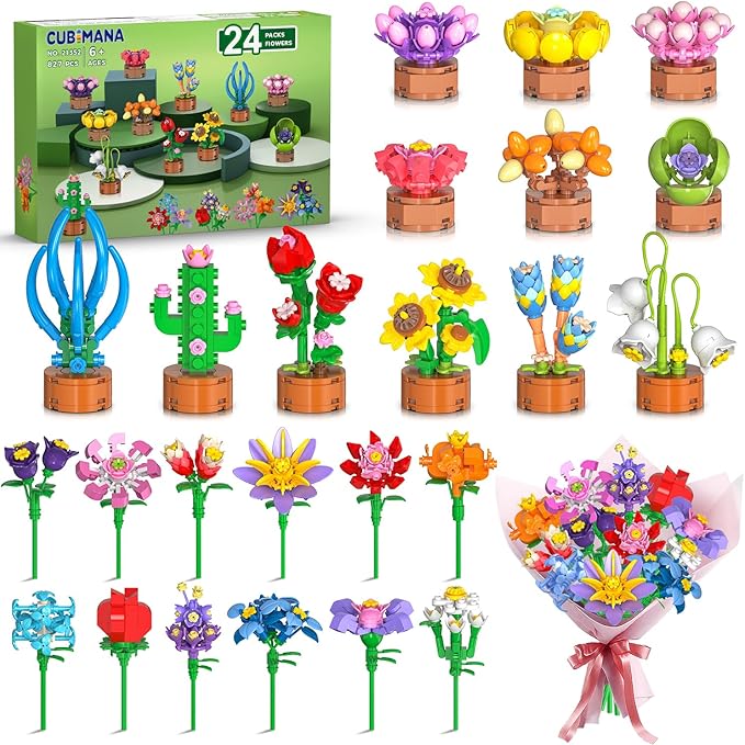 24 Pack Flowers Party Favors for Kids Building Set - 827PCS Succulents 3.6MM Mini Building Blocks Toy for Easter Basket Stuffers, Classroom Prizes, Mother's Day Birthday Gift for Girl Boy Ages 6+