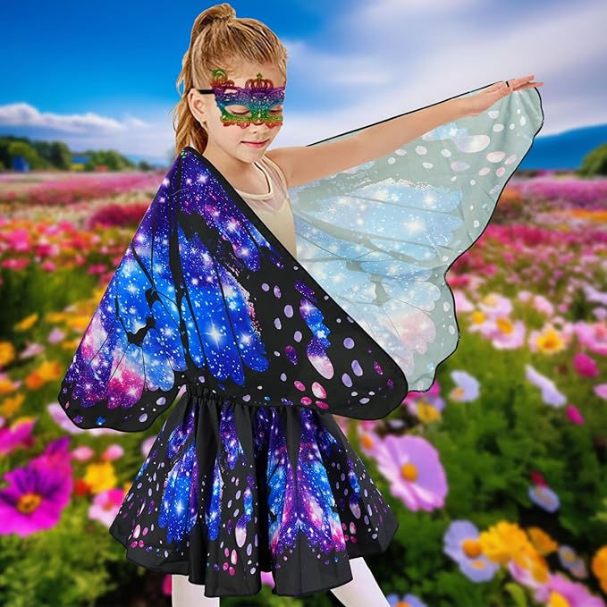 Butterfly Costume for Girls Fairy Wings Kids 4 Pcs(Cape,Skirts,Masks,Hair Clips) Butterfly Wings for Halloween Gifts