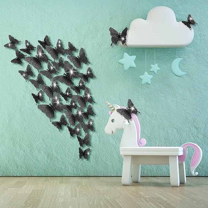 BBTO 48 Pieces Butterfly Wall Decor DIY Mirror 3D Butterfly Stickers Removable Decals for Home Bedroom School Bathroom Living Room Decor(Glitter Black)