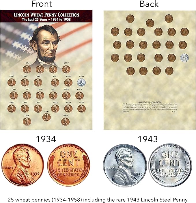 The Last 25 Years of Lincoln Wheat Penny Collection 1934-1958 (25 Coins) with WWII 1943 Steel Cent - Complete Set by American Coin Treasures