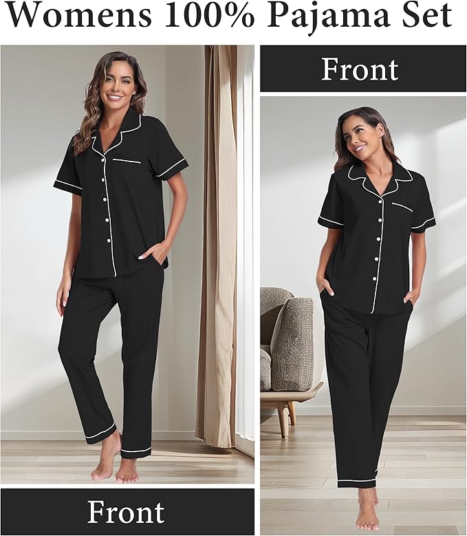 CF Womens 100% Cotton Pajamas Set Button Down Pjs Sets Short Sleeve Top & Long Pants Sleepwear Comfy Loungewear with Pockets