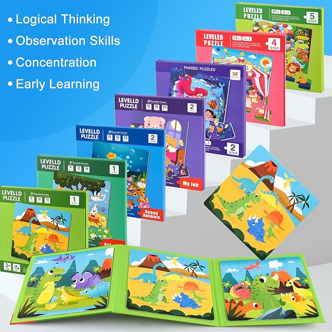 ASTARON Magnetic Puzzles for Toddlers, 12-16-25 Pieces Ocean Learning Magnet Puzzles for Road Trip, Educational Travel Toys Car Plane Activities for Kids, Kids Birthday Gifts