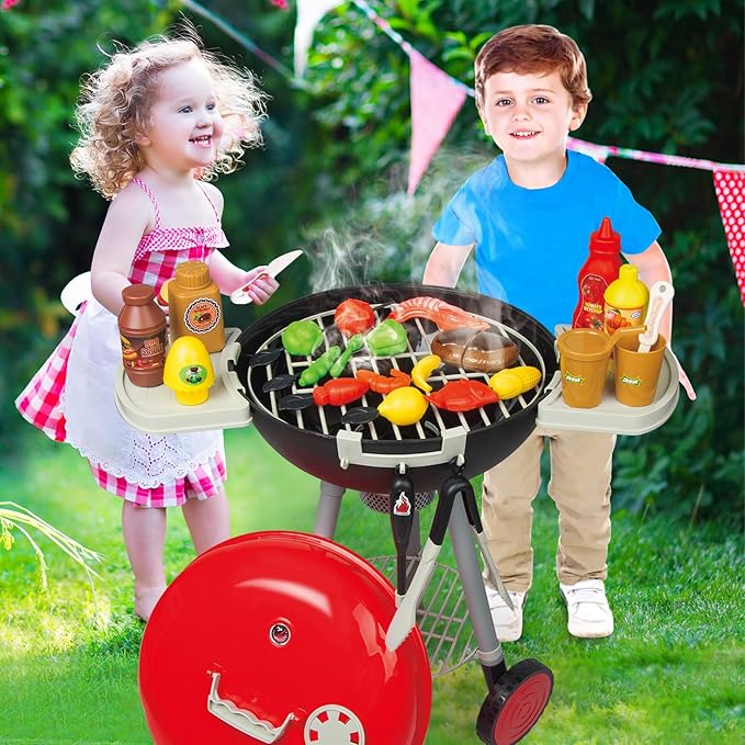 79PCS BBQ Grill Set for Kids - Kitchen Playset With Realistic Spray, Light & Sound - Interactive Toddler Toy for Boys Girls - Christmas Birthday Gift
