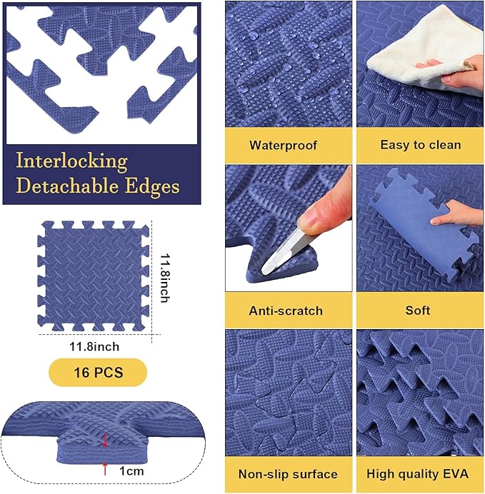 Shihanee 16 Pcs Foam Floor Baby Tiles 11.81 x 11.81 inches Foam Floor Mats Play Mats Bulk with Borders Interlocking for Kids Baby Playroom Nursery Gym（Navy Blue）