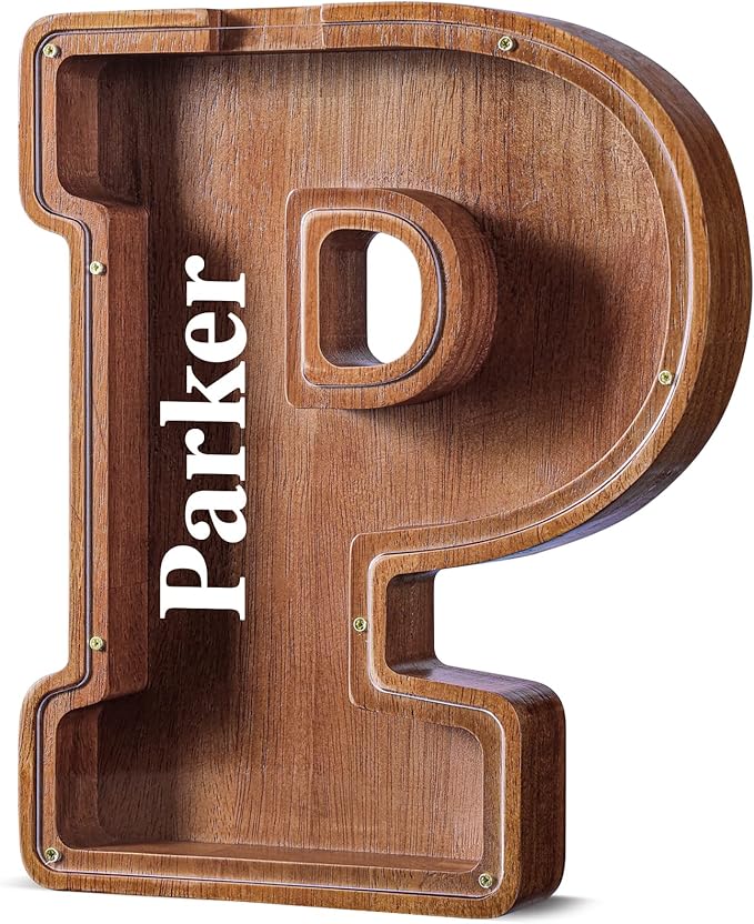 Summidate Customized Name Extra Large Wooden Piggy Bank for Kids Boys Girls Alphabets Letter A-Z Coins Bills Money Change Saving Box Clear Cover (Laser Engraved) Educational Toys 12"- Letter P