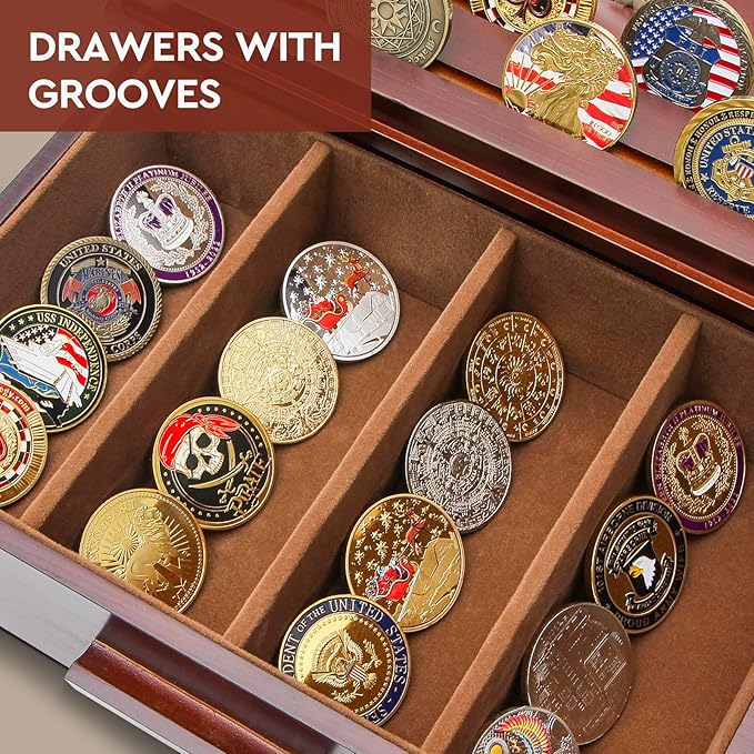Challenge Coin Display Case, Military Coin Collection Holder with Wooden Coin Box, Drawers, and Clear Acrylic Lid – Gifts for Coins Collectors (6 Rows)