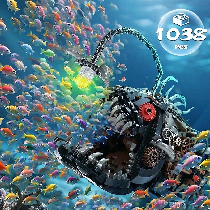 Mechanical Lantern Fish Building Sets for Adults, Compatible with Lego, Creative Ocean Animal Toy for Home Office Decor, STEM Gift for Boys 8-14