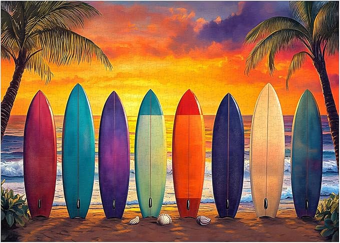 Beach Sunset 1000 Piece Puzzle for Adults, PICKFORU Summer Seaside Surfboard Jigsaw Puzzles, Colorful Hard Beach Vacation Theme as Art Decor