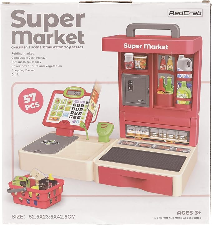 RedCrab Cash Register Toy for Kids,Toddler Store Pretend Plays Supermarket Calculator Cash Register Gift with Scanner, Play Money, Play Food for Boys & Girls