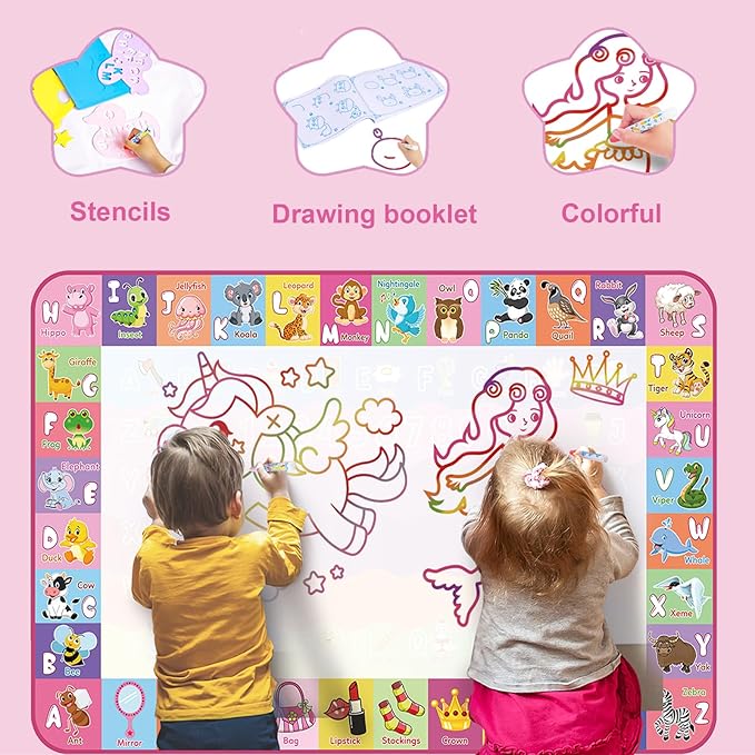 Toddlers Toys Water Doodle Mat: 48 X 32 Inch Large Mess Free Coloring & Drawing Mat - Instant Drying - Kids Educational Toys for Girls Age 3-5 Home Activities - Birthday/Christmas Gifts for Girls Boys