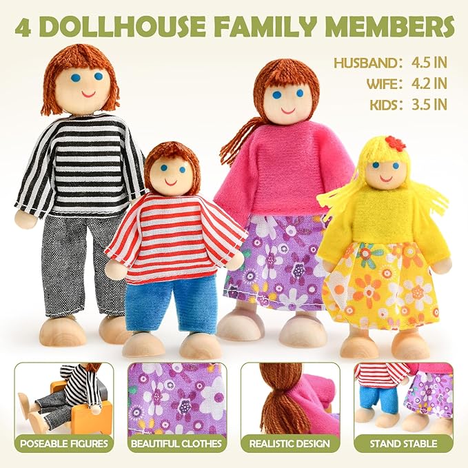 Toyssa Wooden Dollhouse Furniture Set, 36PCS Miniature Doll House Accessories with Colorful 5 Room & 4 Flexible Family Dolls, Pretend Play Toys Birthday Gift for Toddlers 3 4 5 6 Years Old