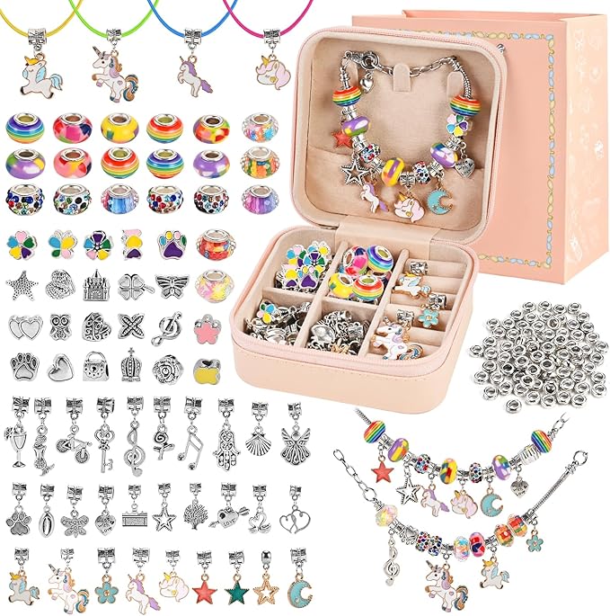 Charm Bracelet Making Kit for Girls Ages 3-12 | 165 Pcs Jewelry Making Kit Supplies for Adults | DIY Jewelry Crafts with Nice Box | Unicorn Mermaid Themed Gift for Kids Birthday Christmas Party