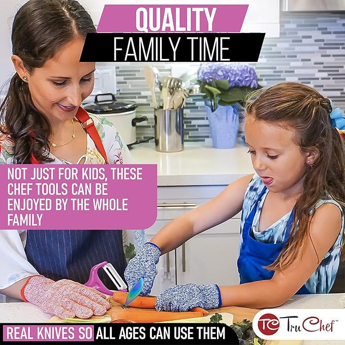 5-Piece Kids Knife Set for Real Cooking | Stainless Steel Chef, Paring & Serrated Knives with Peeler & Holder | Safe Junior Chef Cooking Set for Kids (5 pcs, Pink)