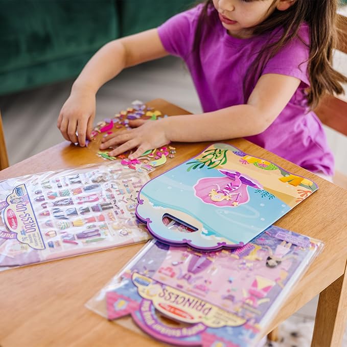 Melissa & Doug Puffy Sticker Activity Books Set of 3 – Dress-Up, Princess & Mermaid, with 208 Reusable Stickers and Fold-Out Scenes, Mess-Free Travel Toys for Kids Ages 4+ - FSC Certified