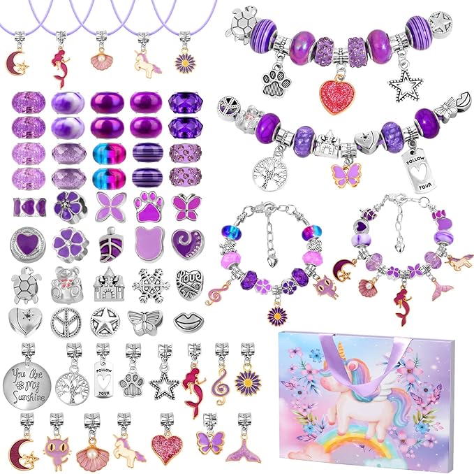 Flasoo DIY Charm Bracelet Making Kit for Girls, Jewelry Making Kit with Unicorn Mermaid Purple Stuff Craft Gift for Birthday, Christmas, New Year