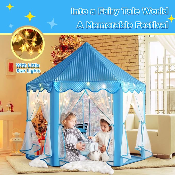 Monobeach Princess Castle Playhouse for Girls - Large Kids Tent with Star Lights for Indoor & Outdoor Play, 55'' x 53'' (DxH) (Blue Princess Tent with Little Star Lights)