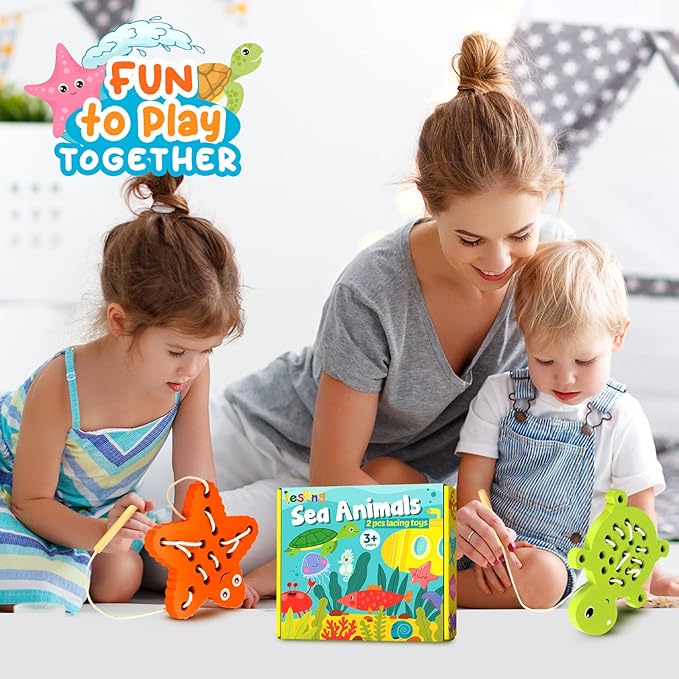 KLT Wooden Lacing Toys for Toddlers Fine Motor Learning, 1 Turtle 1 Starfish Wood Puzzle Preschool Educational Toys, Montessori Gifts for Kids 3-5
