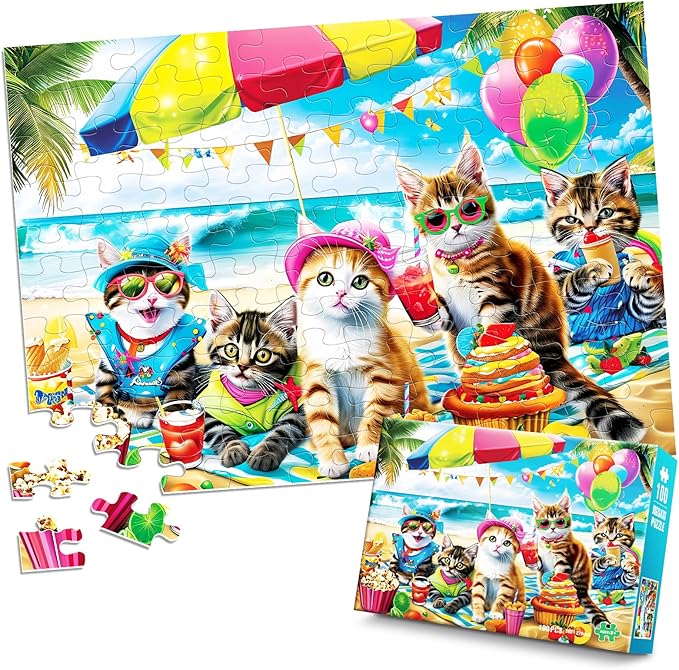 Puzzles for Kids Ages 4-8 6-8 8-10 Year Old and Seniors - Funny Cats Puzzle Beach Kitten Jigsaw Puzzles, 100 Piece Puzzle for Toddler Children Learning Educational Puzzles Toys for Boys and Girls