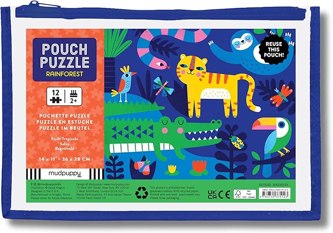 Mudpuppy Rainforest – 12 Piece Puzzle with Reusable Zipper Pouch Featuring Colorful and Fun Illustrations of Jungle Animals Perfect for Easy Storage and Travel