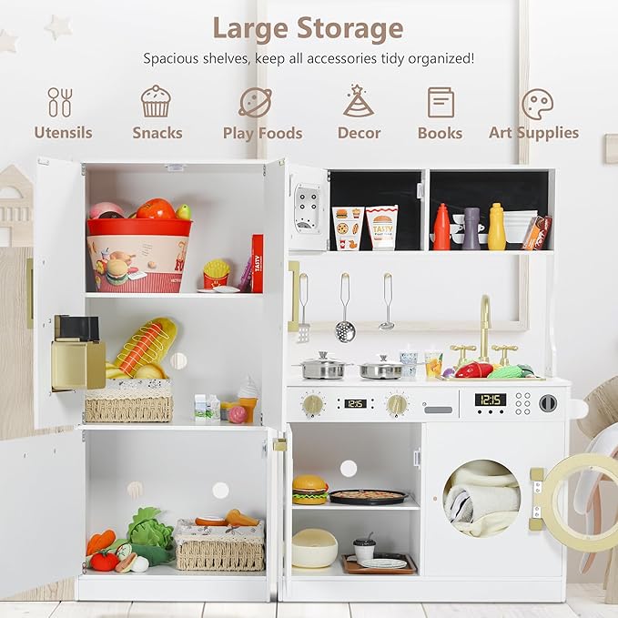 Kinder King Wooden Kids Play Kitchen, Toy Kitchen Playset for Toddler, Play Kitchen Set w/Transparent Coloring Board, Pretend Fridge, Washing Machine, Ice Maker, Gift for Boys Girls Age 3+, White