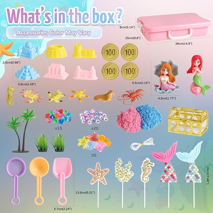 Mermaid Sensory Bin,Play Sand Art Kit for Girls and Boys with 2.2lbs Sensory Play Colored Sand,Treasure Accessories and Sandbox,Beach Toy Christmas Birthday Present for Kids Ages 3 4 5 6 7 8