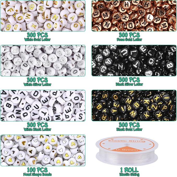 1900Pcs 7 Colors Round Letter Beads 4×7mm Acrylic Alphabet Beads with 1 Roll Elastic String for Bracelet Necklace Jewelry Making Supplies