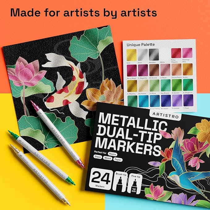 ARTISTRO 24 Metallic Dual Tip Brush + Fine Acrylic Paint Pens Ideal for Calligraphy - Paint Markers for Fabric, Rock, Glass, DIY - Stocking Stuffers, Christmas Gift Idea for Teens, Grandkids, Kids