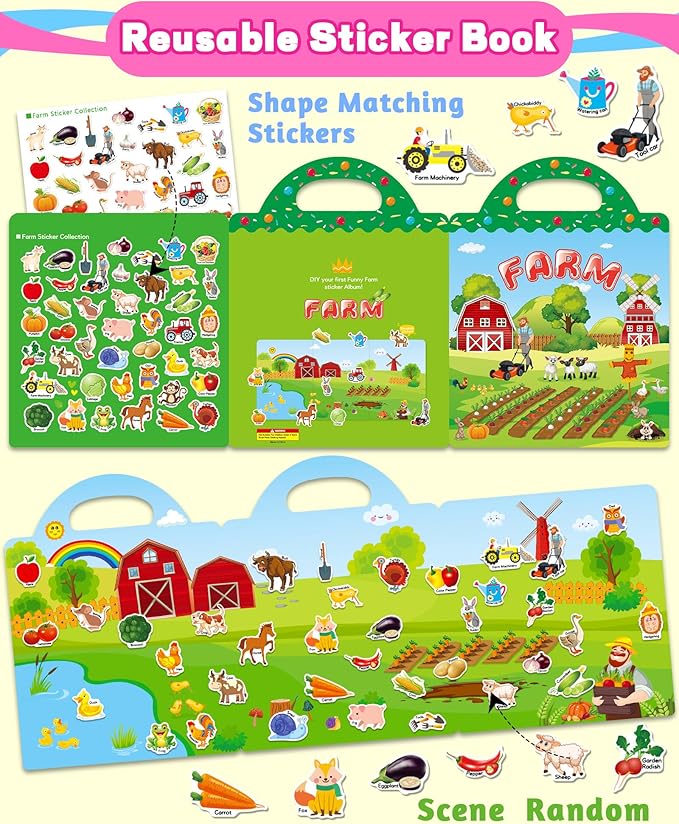 Reusable Sticker Book for Toddlers 2-4 Years, Stickers for Kids, Toddler Craft Activities, Toddler Travel Toys Ages 2+ Boy Girl Birthday Gifts
