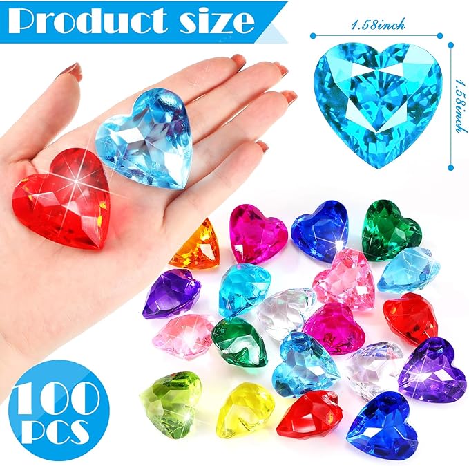Hicarer 100 Pieces Diving Gem Pool Toys Colorful Big Diamond Pirate Treasure Diving Gems Acrylic Heart Gemstones Summer Beach Underwater Swimming Toys for Kids Swimming Party Favor Pool Training Gift