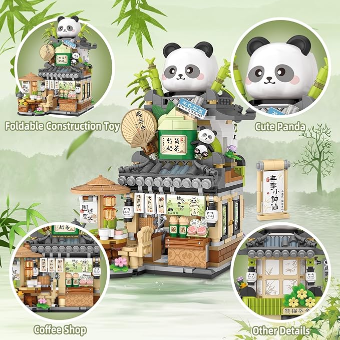 Street View Tea Shop Mini Building Blocks, MOC Creative Building Toys Cute Panda Animals Building Set for Girls 6-12, Simulation Architecture Construction Toy, Gift Idea for Kids Adults (860PCS)