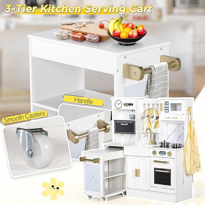 Kids Play Kitchen with Removable Cart, Wooden Toddler Kitchen Playset with Oven, Stove, Sink, Coffee Maker, Pretend Play Toy Kitchen Set for Children Boys Girls Ages 3