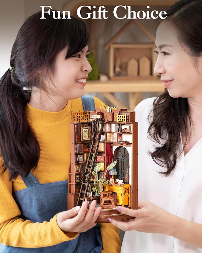 ROBOTIME Book Nook Kit, DIY Miniature House Kit, 3D Wooden Puzzle Bookends,Bookshelf Decor, Simple Assembly Dollhouse Kit, Creative Unique Gifts for Adults/Teens/Beginner (Silent Corner Study)