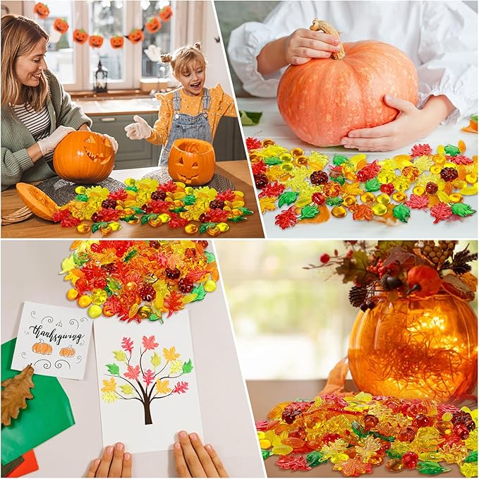 Draupnir Fall vase Filler,162 Pcs Sensory bin Filler Acrylic Pumpkin Leaves Acorn Gems Corn Fall Sensory bin Items for Thanksgiving Home Table Scatters Decoration Thanksgiving Craft Vase Fillers